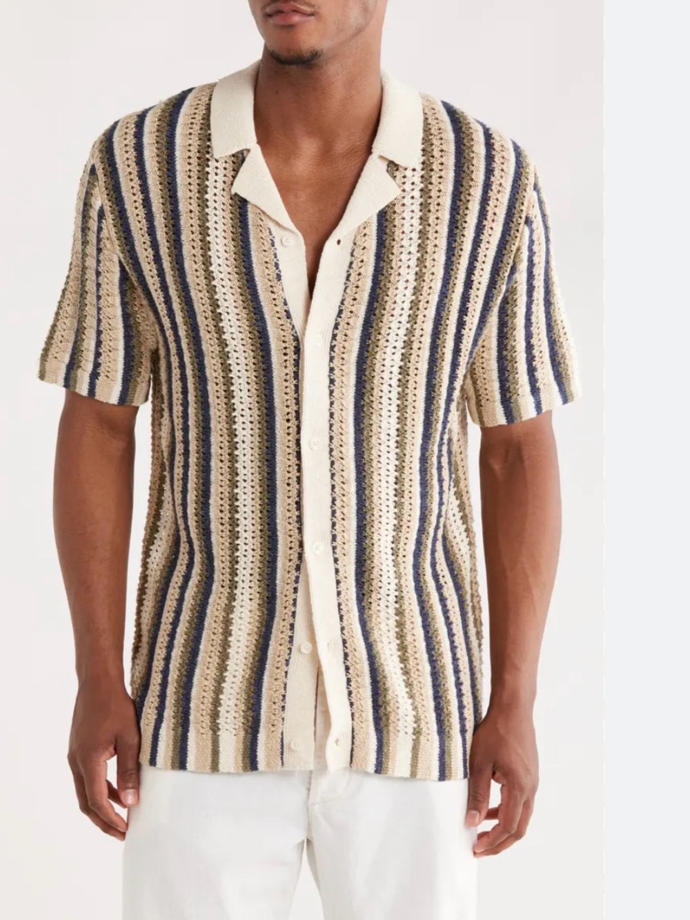 Jason Wu Striped Open-Knit Short-Sleeve Cardigan in Cream, Black, and Olive